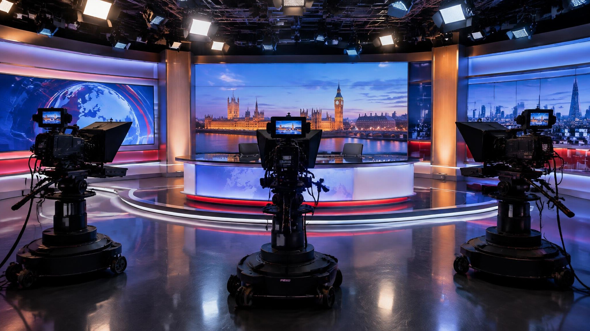 Wide shot of a television news studio with three cameras and a lit anchor desk