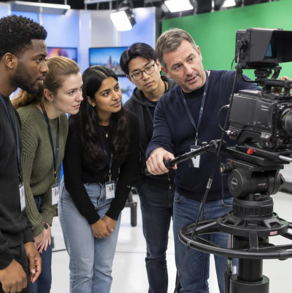 Small group of trainees of mixed ethnicities learning to operate a studio camera with an instructor