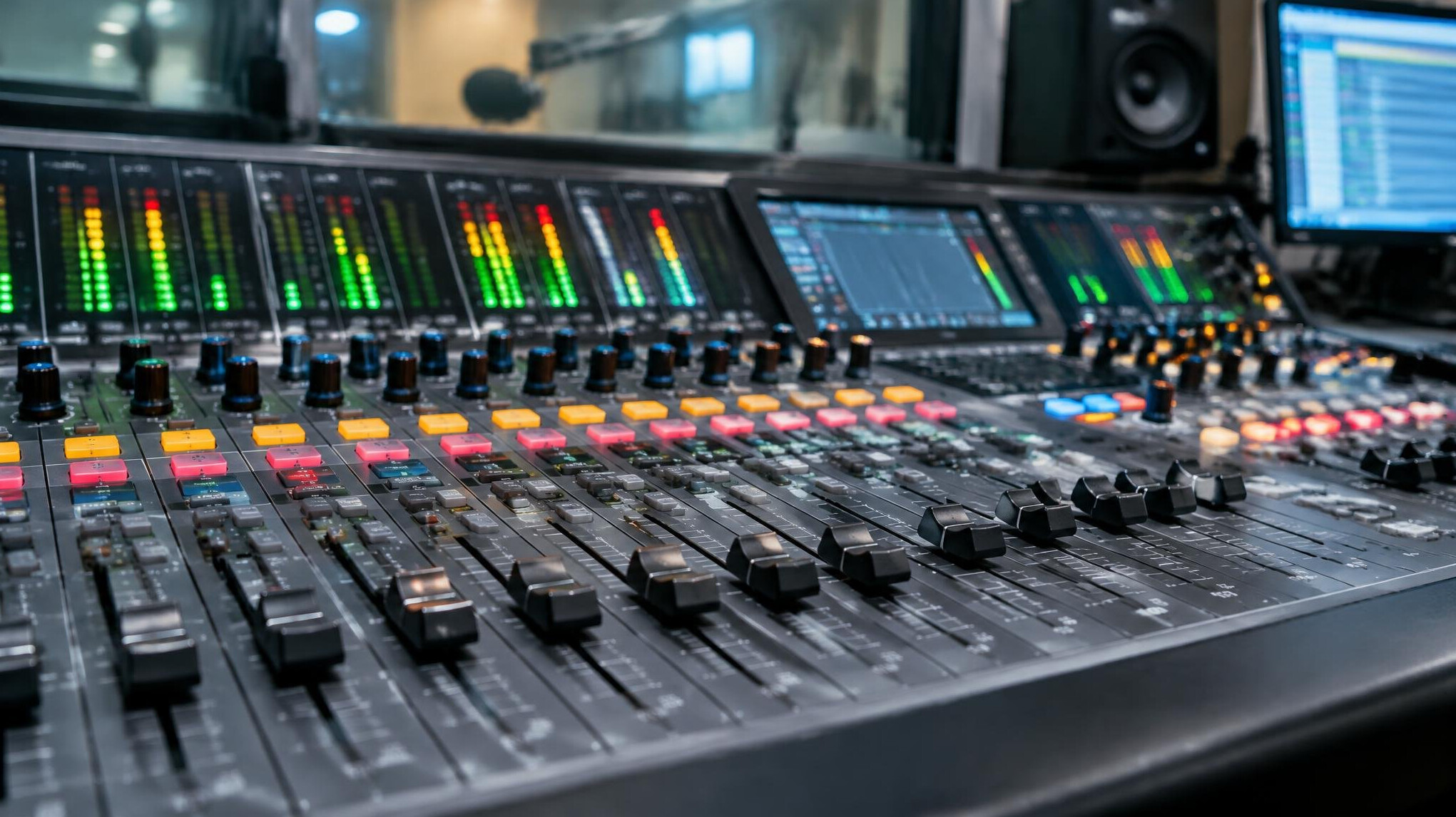 Digital audio mixing console with faders and meters in a broadcast studio